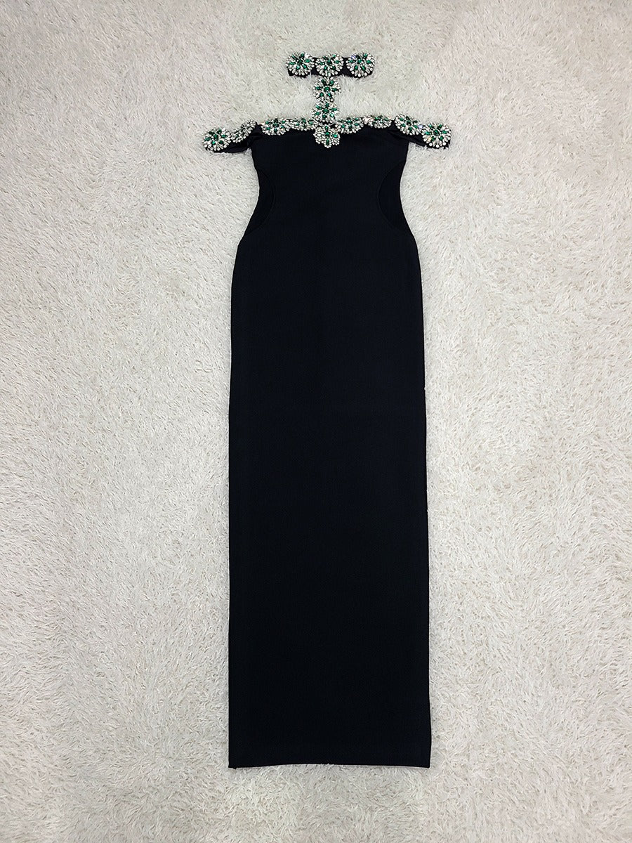 Rhinestone embellished Halter Neck Long Red Carpet Bandage Dress