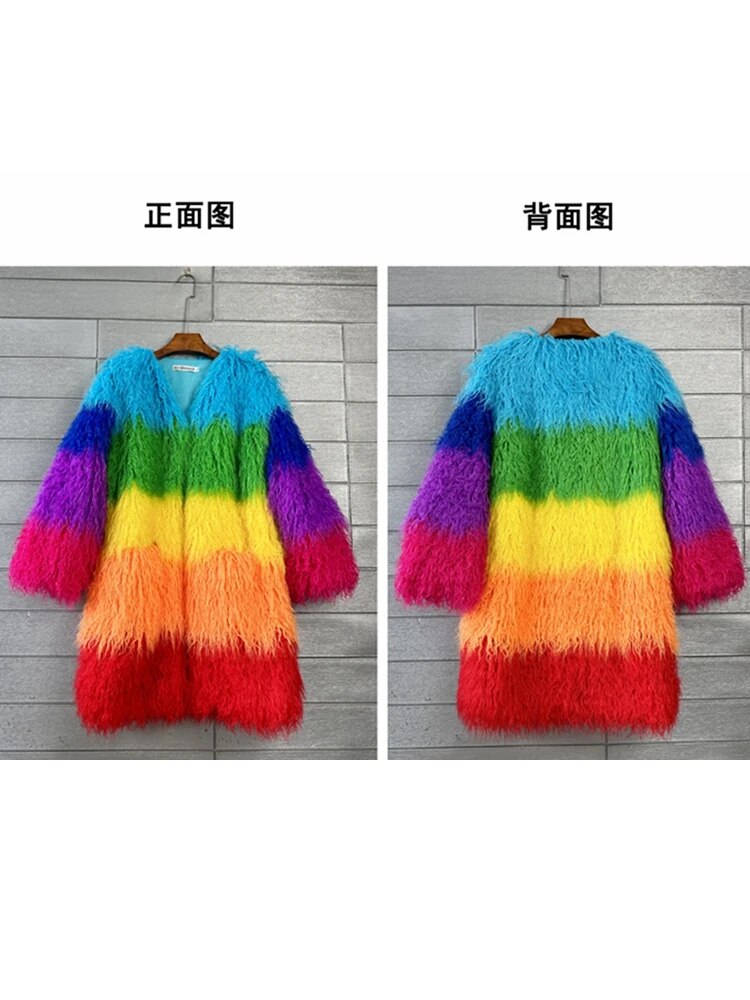 Niche Rainbow Winter Faux Fur Coat Loose Long Jacket Shaggy Outerwear - Pleasures and Sins   Pleasures and Sins