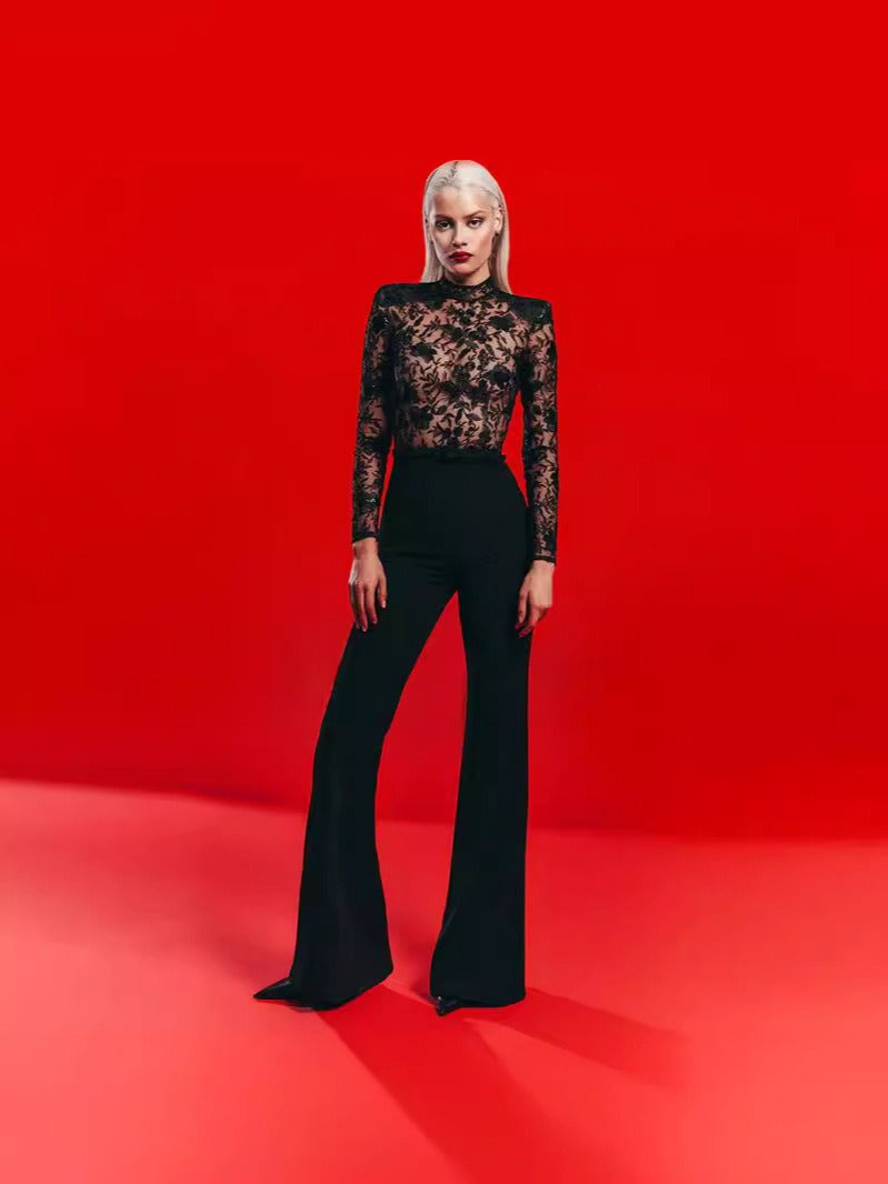 Womens sexy fashion see-through lace long-sleeved trouser jumpsuit - Pleasures and Sins   Pleasures and Sins