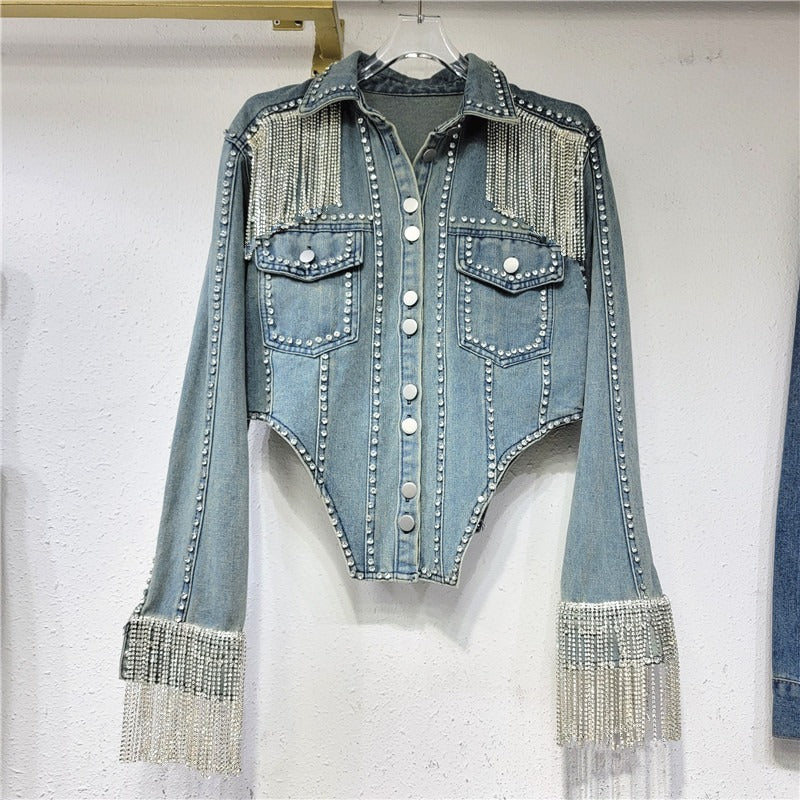 Heavy denim diamond chain jacket women's niche design slim jacket top - Pleasures and Sins   Pleasures and Sins