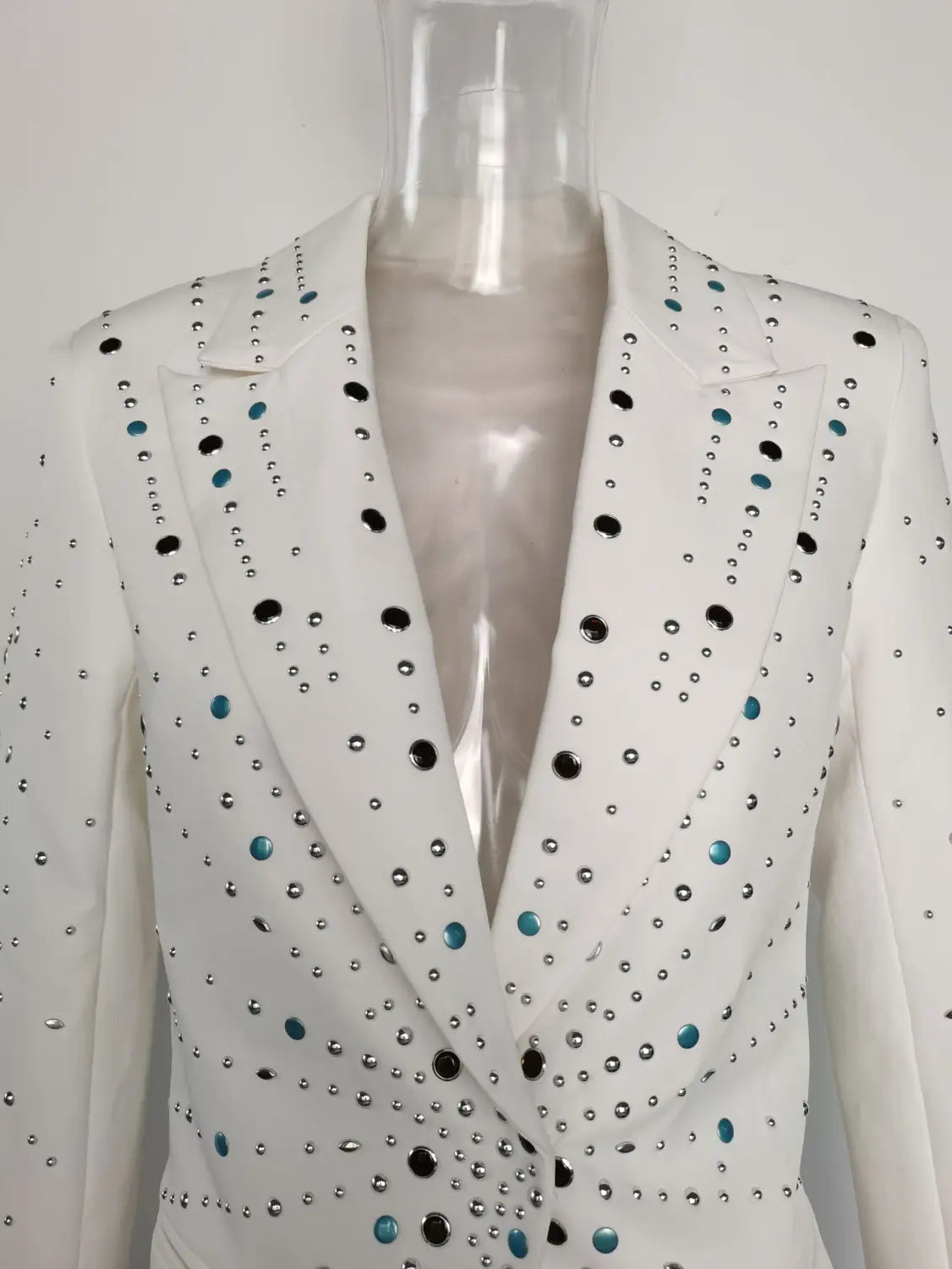 Ladies white rhinestone slim fit one button long sleeved.