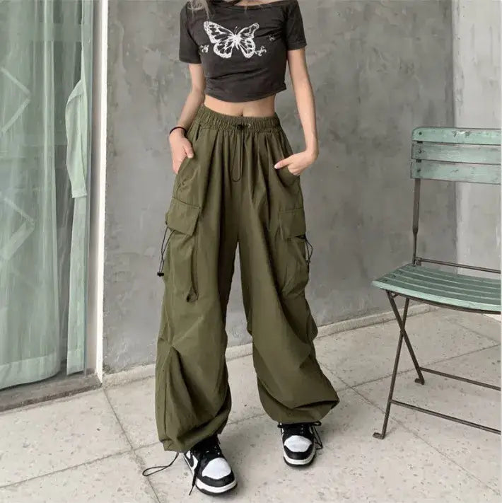 Damen Streetwear Cargo Baggy Parachute Wide Leg Hose