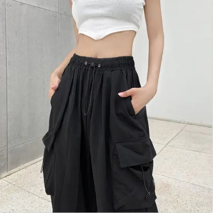 Damen Streetwear Cargo Baggy Parachute Wide Leg Hose