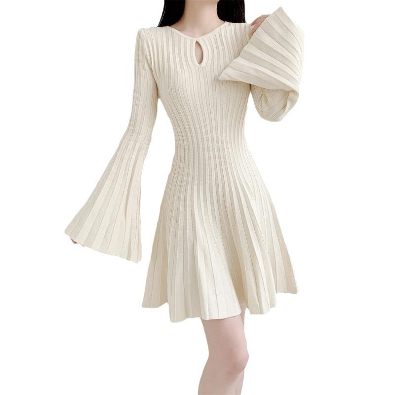 Ladies Bat Wing knitted dress with cinched waist and slimming A-line pleats