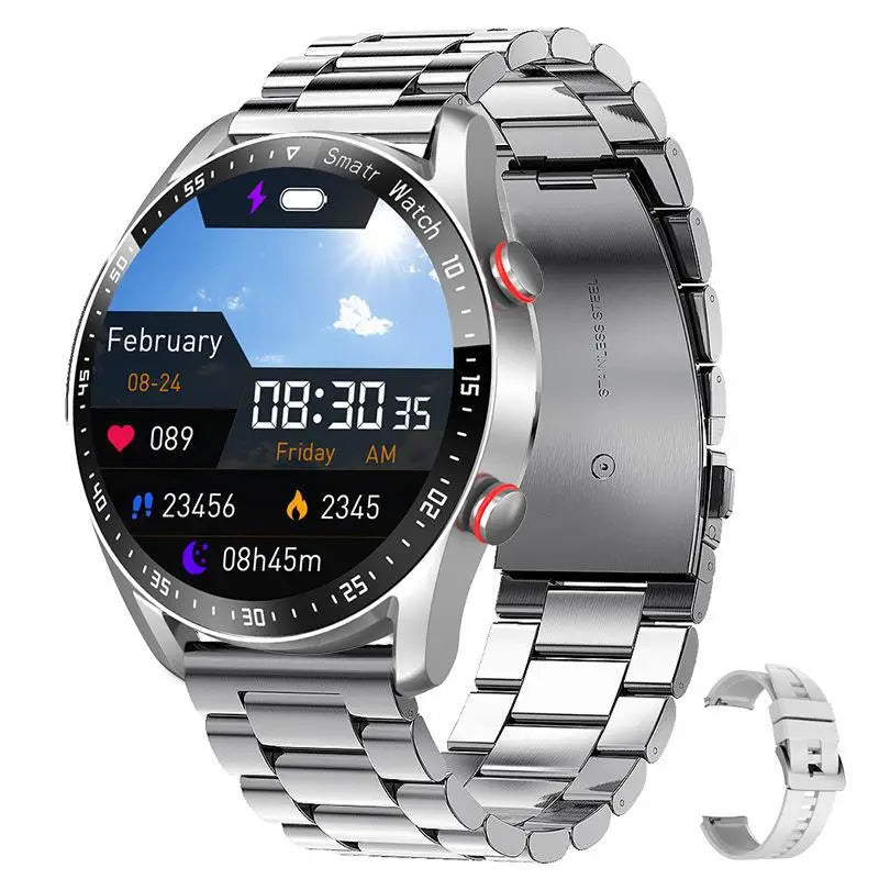 Sleek Stainless Steel Smart Watch ECG PPG with a large screen and metal link bracelet.