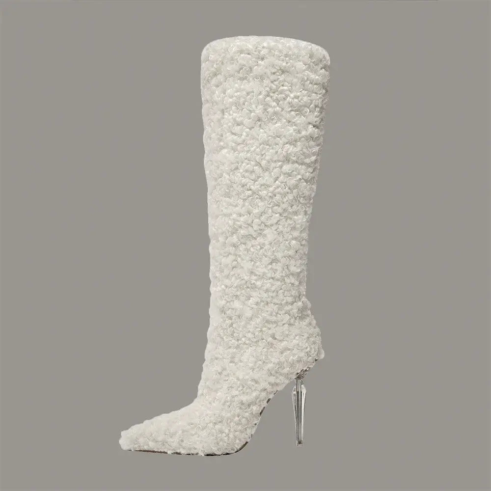 Stylish Tall White Furry Knee High Pointed Toe Boots with Crystal Transparent Heel.