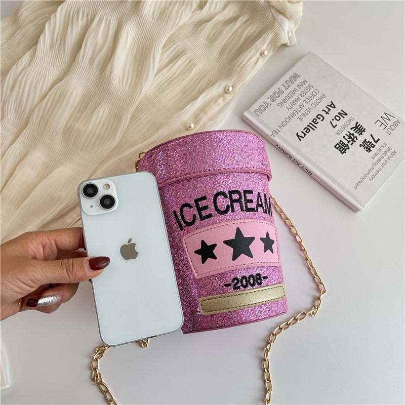 Sequin crossbody small round bag In shape of ice cream pot design - Pleasures and Sins   Pleasures and Sins