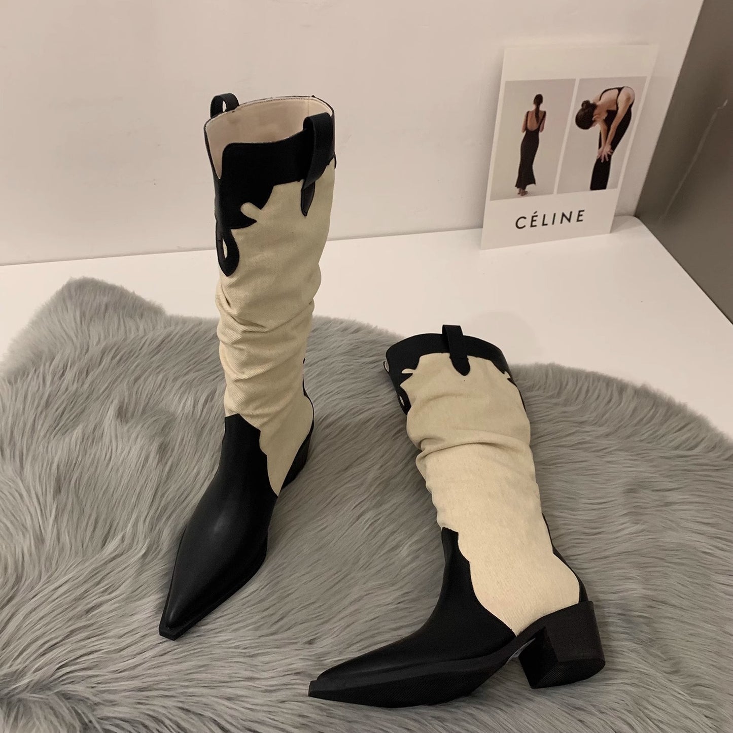 Western Cowboy Boots Low Heel  Pointed Toe Knee High Suede Boots - Pleasures and Sins   Pleasures and Sins