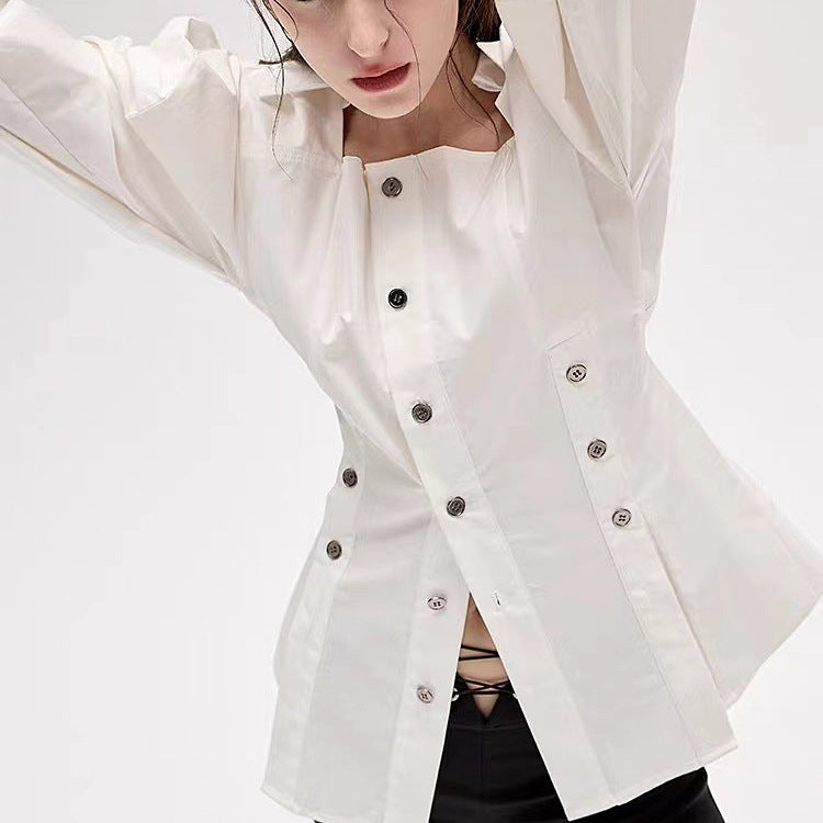 Shirt waist cinching slimming mid length shirt jacket for women - Pleasures and Sins   Pleasures and Sins