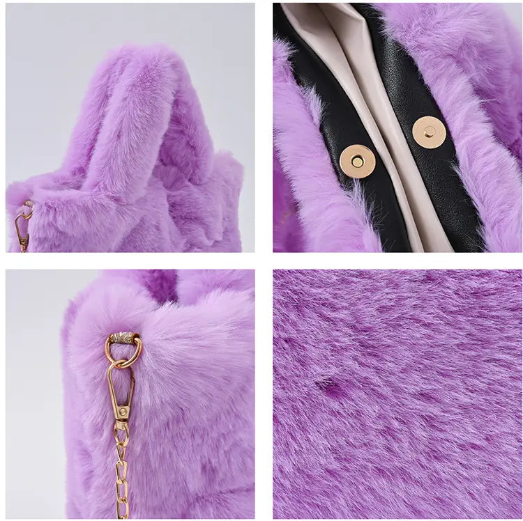 Sac à main en imitation fourrure violet lavande avec chaîne dorée ; un joli sac à bandoulière en peluche.