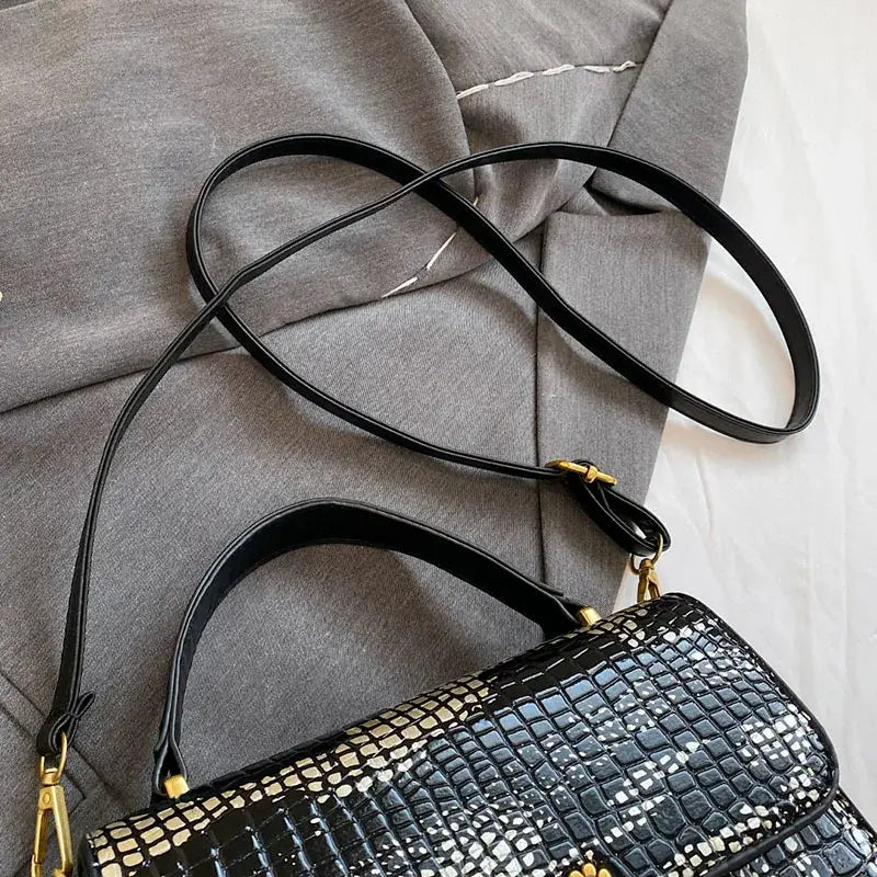 Stylish Black Crocodile-Textured Handbag with Gold Hardware - Perfect Womens Crocodile Pattern Bag