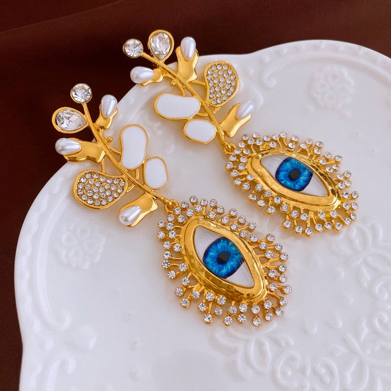 Retro high-end diamante and evil eye earrings, niche and versatile earrings