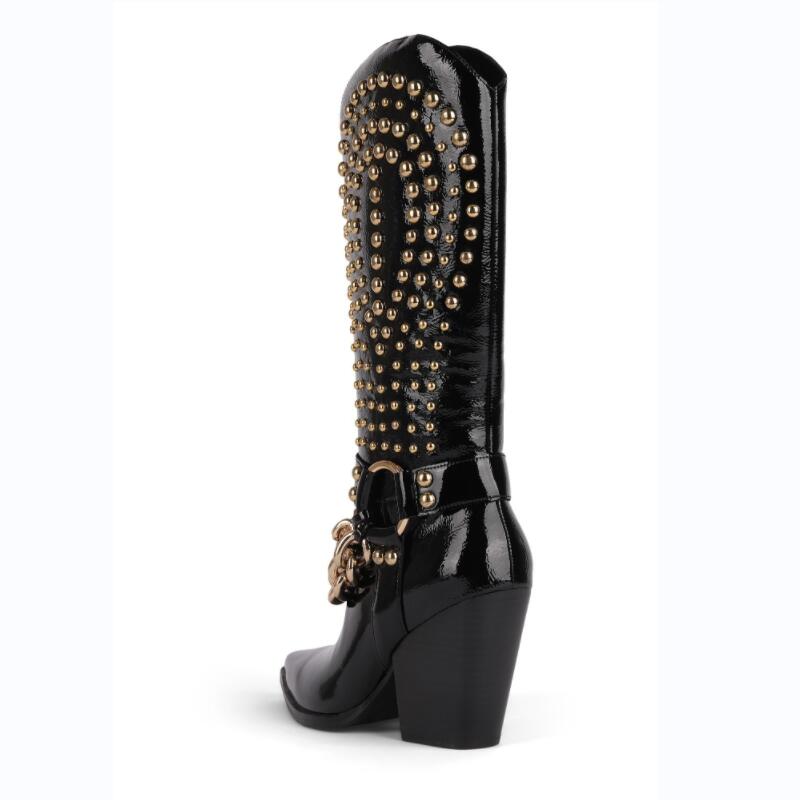 Stylish Black Patent Leather Western Cowboy Boots with Rivet Belt Buckle and gold studs.