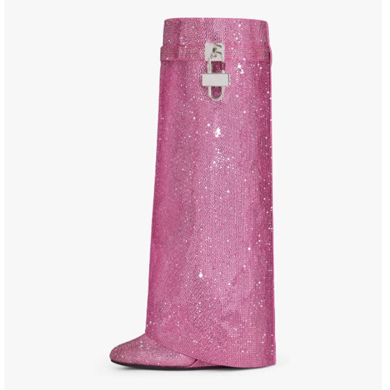 Pink Rhinestone Round Toe Knee-High Luxury Boots for Women - Pleasures and Sins   Pleasures and Sins