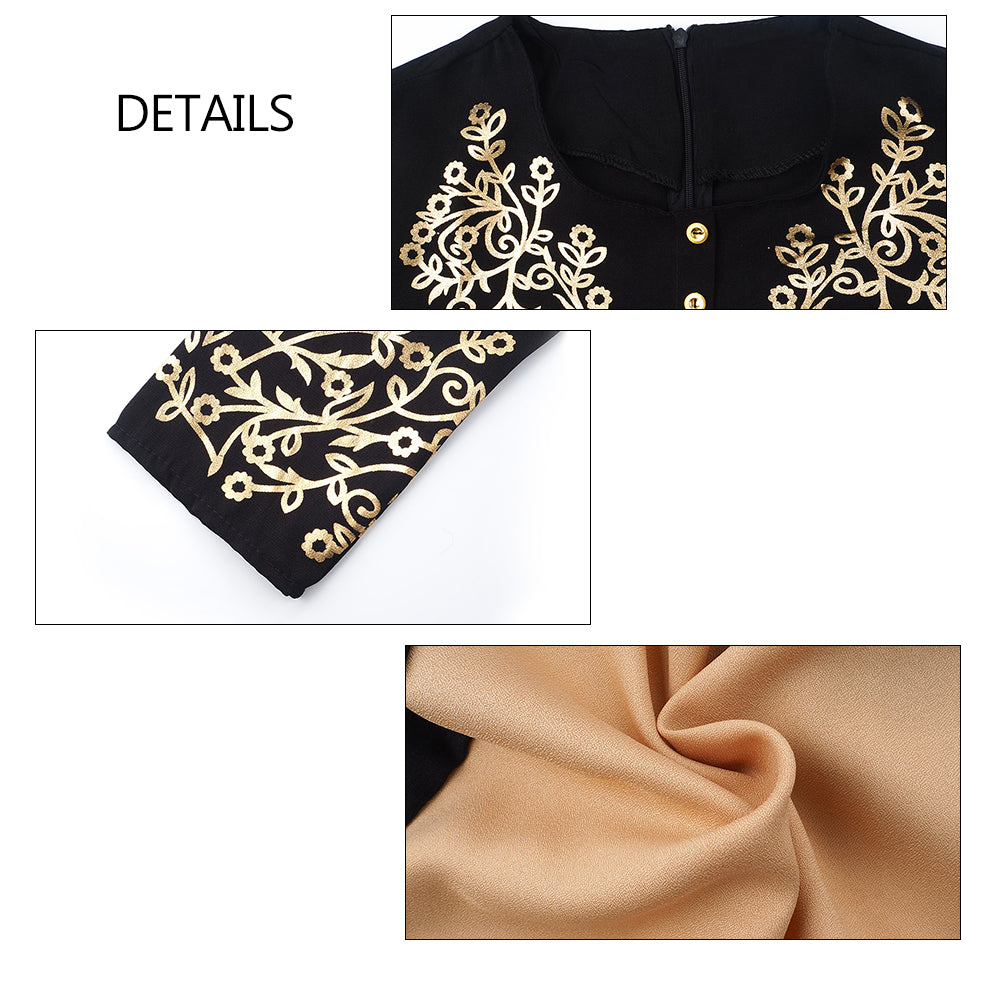 Gold Stamping Print Muslim Dress Women Dubai Abaya Black Robe Long Sleeve - Pleasures and Sins   Pleasures and Sins