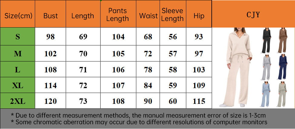 Size chart for Ladies Two Piece Casual Outfit Set with measurements for all sizes.