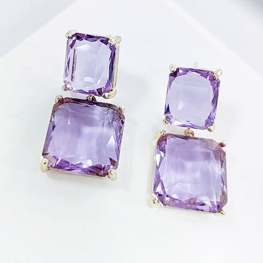 Geometric square crystal earrings, elegant purple long earrings