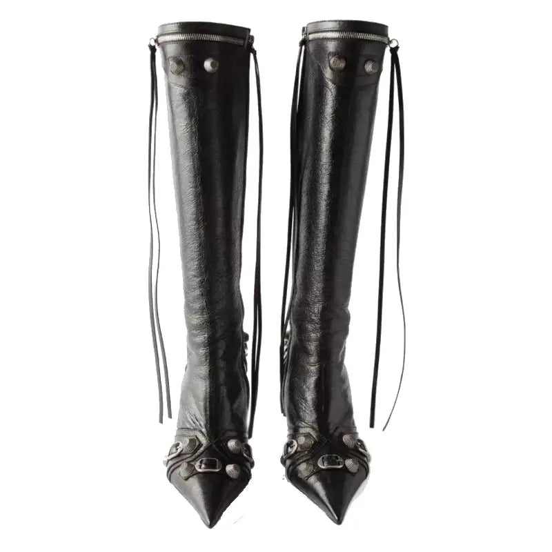 Womens Pointed Toe Metal Buckle Zipper Boots Rivet High