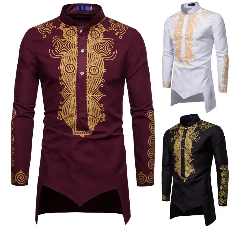 Burgundy Nehru Collar Indian Style Shirt with gold embroidery and an asymmetrical hem.