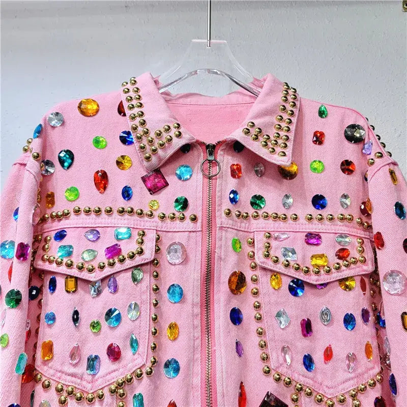 Heavy Rivet Beaded Diamond Pink Denim Jacket Long Sleeve