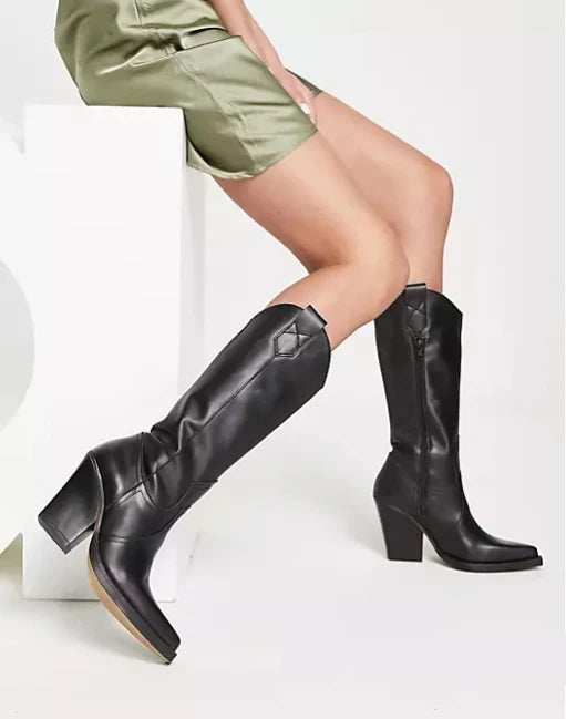 Unisex Knee High Cowboy Boots With Wedge Heels and Pointed Toe