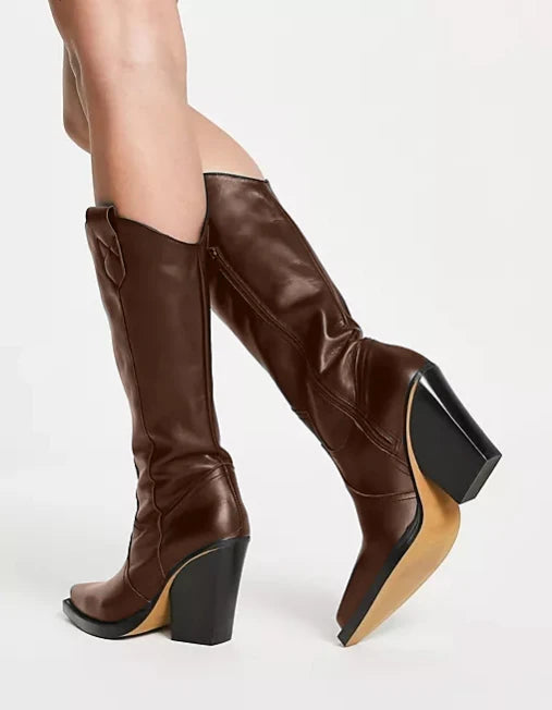 Unisex Knee High Cowboy Boots With Wedge Heels and Pointed Toe