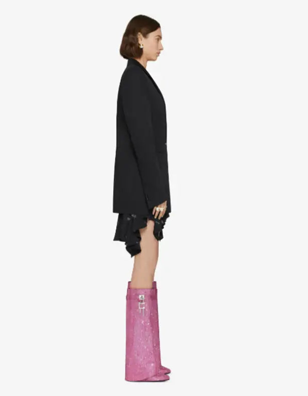 Pink Rhinestone Round Toe Knee-high Luxury Boots styled with a black dress and blazer.