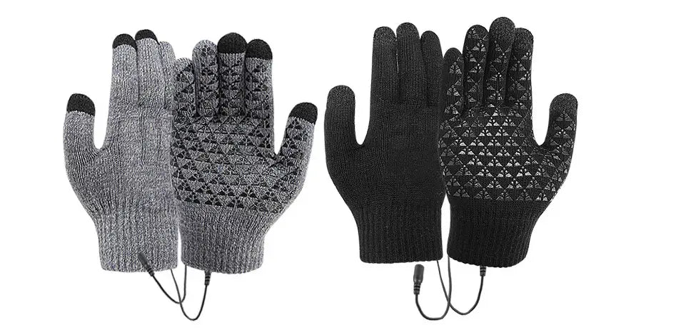 Touchscreen-compatible heated electric gloves with grip for winter comfort and warmth.