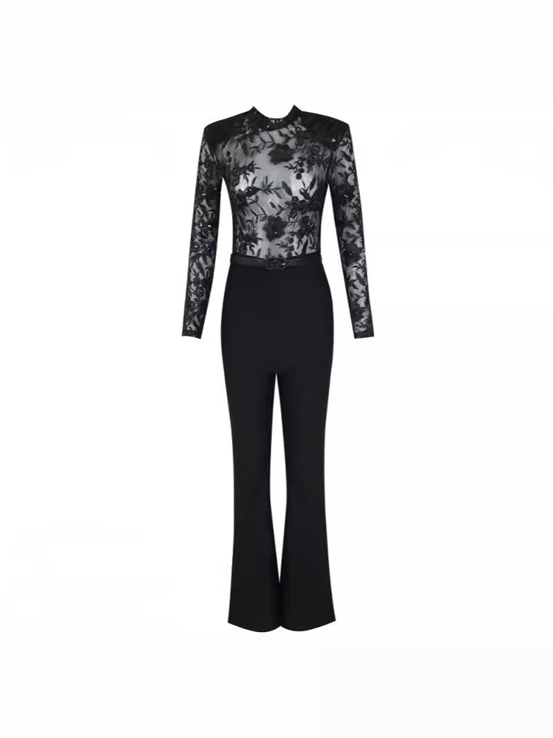 Womens sexy fashion see-through lace long-sleeved trouser jumpsuit - Pleasures and Sins   Pleasures and Sins