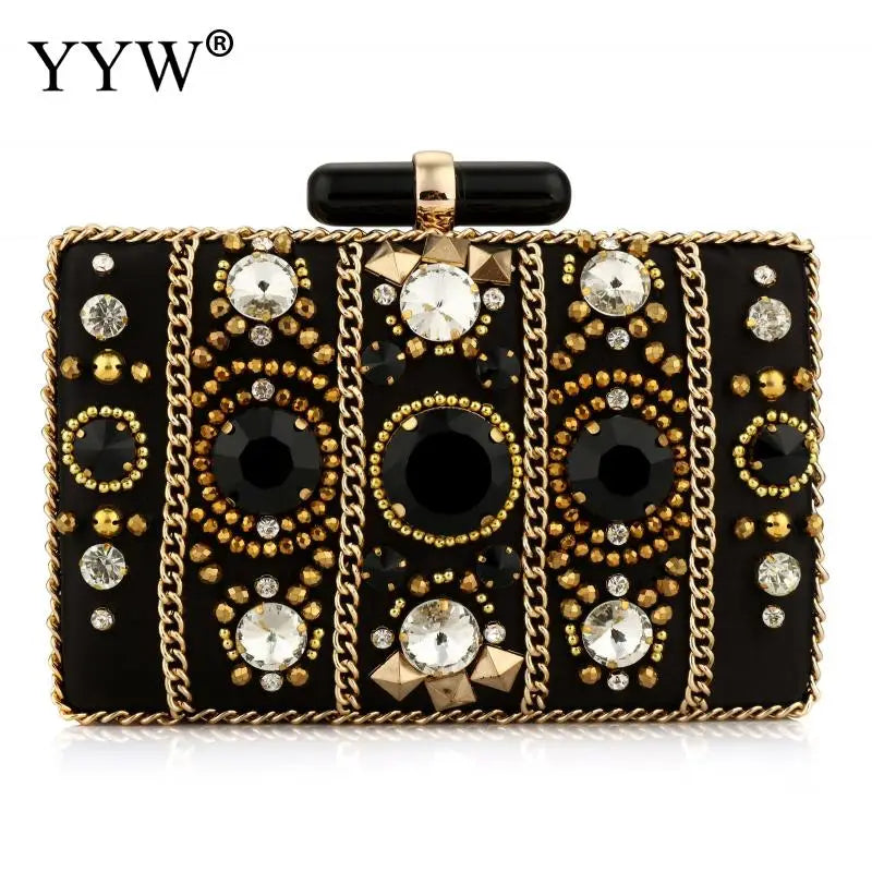 Stylish black satin Bohemia Style Rhinestone clutch with gold chains and sparkling details.