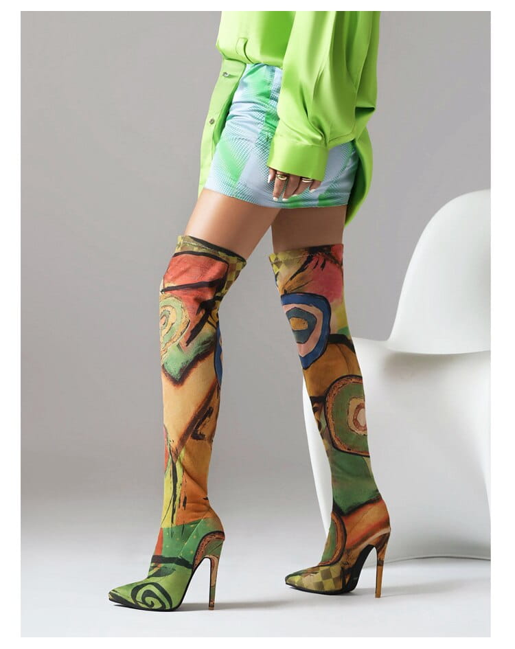 Plus Size Art Graffiti Over Knee Boots Pointed Toe