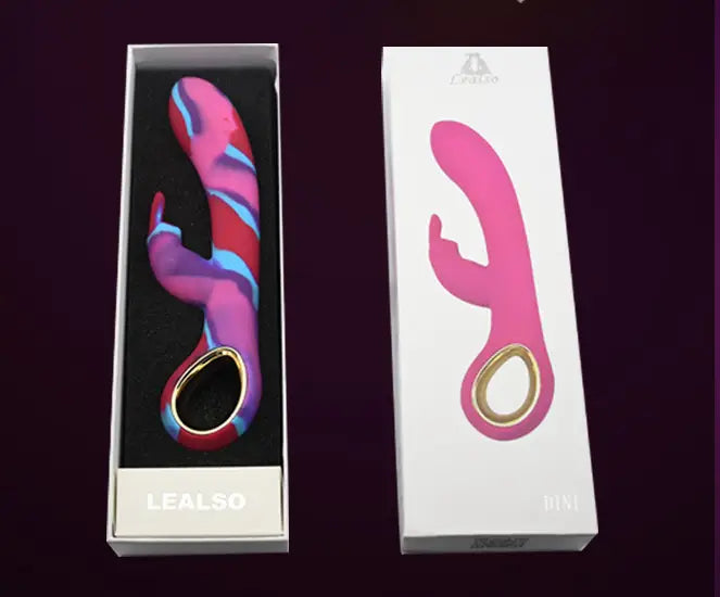 Pink and blue curved Rainbow Silicone Women’s Vibrator in fun swirled packaging.