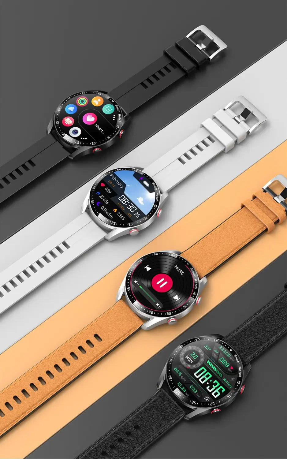 Four sleek Stainless Steel Smart Watches with round displays and colorful bands.