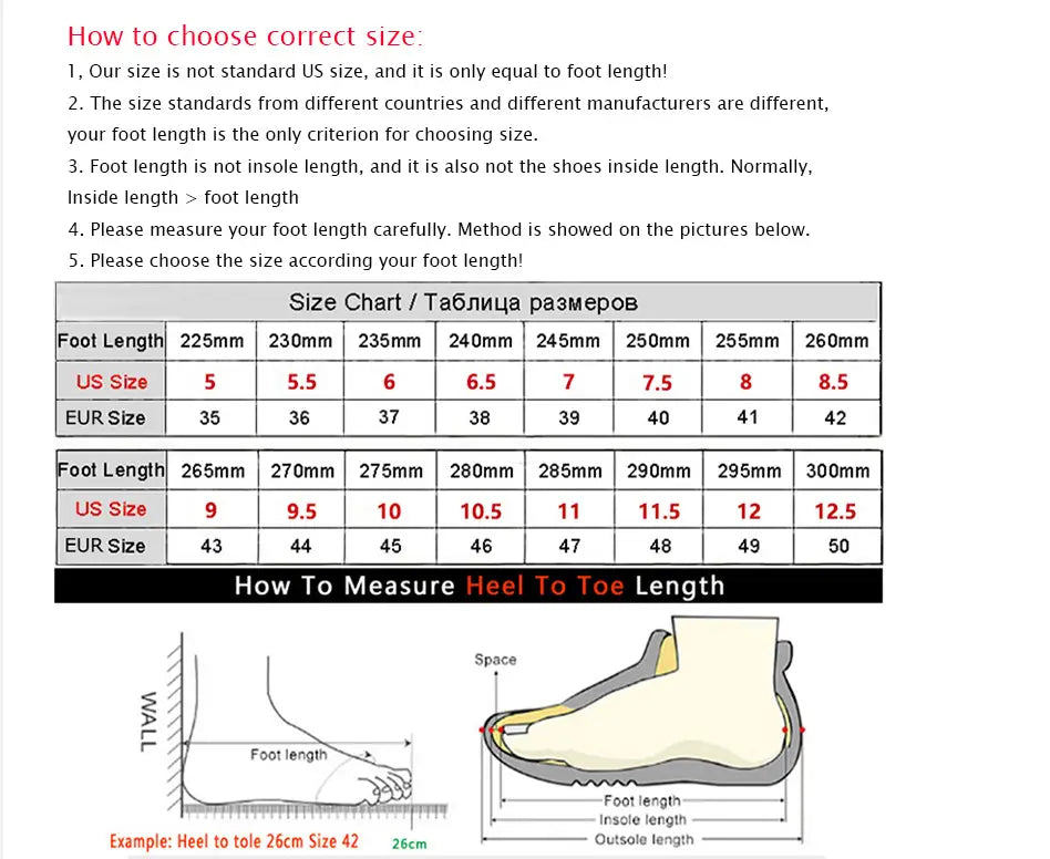 Shoe size conversion chart with foot measurement for Summer Shoes Mens Casual Driving Shoes