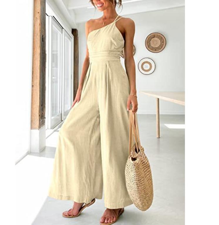 Women's sexy camisole waist wide leg sleeveless cotton linen jumpsuit - Pleasures and Sins   Pleasures and Sins