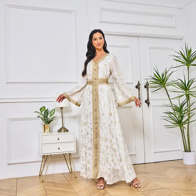 Abendkleid Muslim Blume Goldprägung Mode Robe