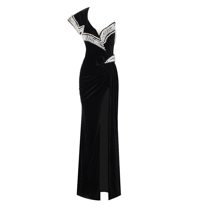 New One-Shoulder Beaded Beautiful Pleated Slim Long Slit Bandage Dress - Pleasures and Sins   Pleasures and Sins