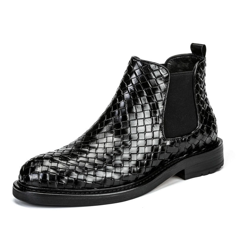 Black woven leather Chelsea boot with elastic panels for stylish men’s woven pattern short boots.