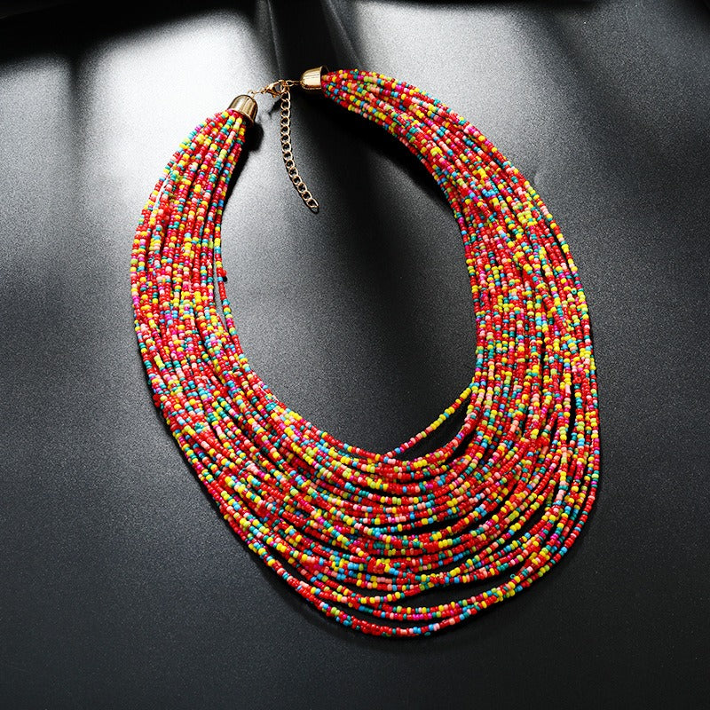 Exaggerated multi-layer short bohemian women's beaded necklace