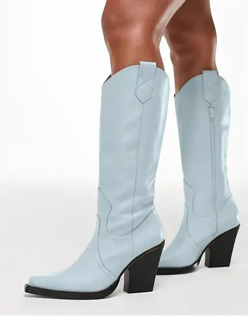 Unisex Knee High Cowboy Boots With Wedge Heels and Pointed