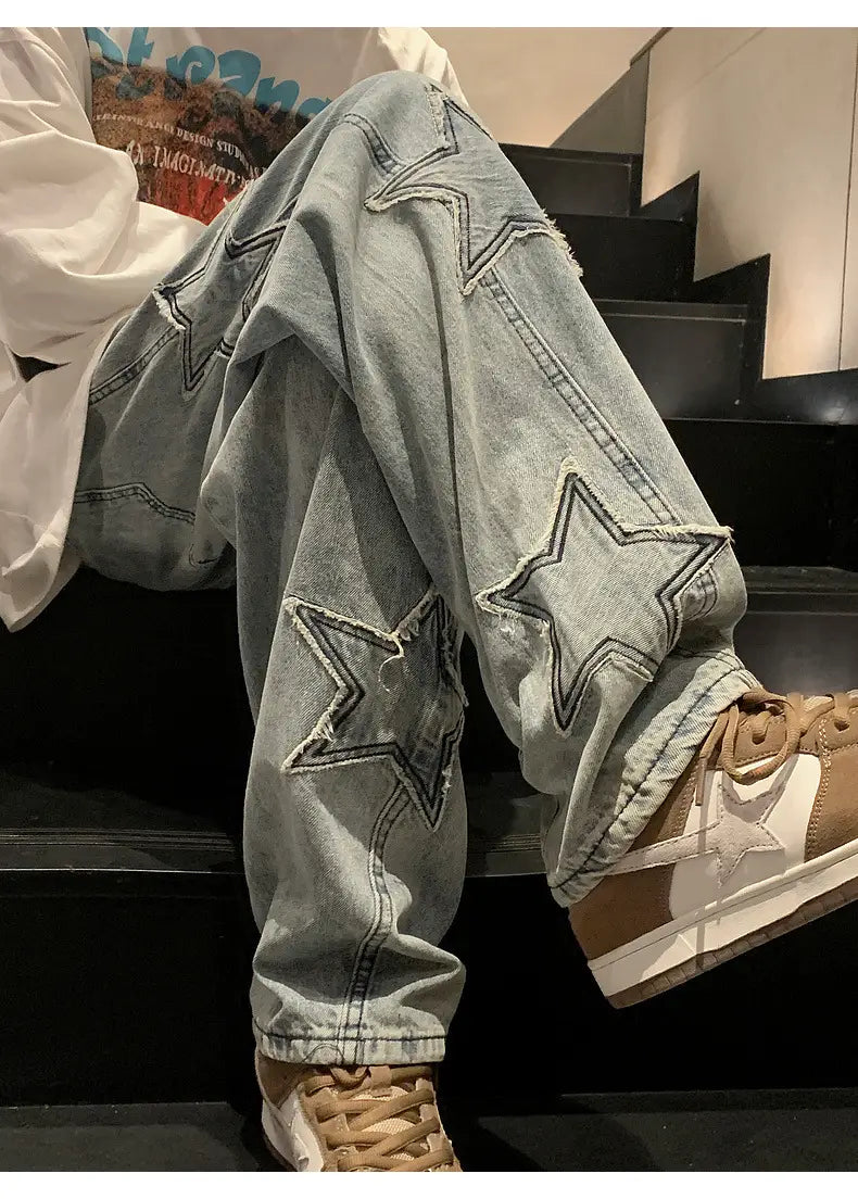 Jeans baggy à jambe large pour hommes avec détails étoilés