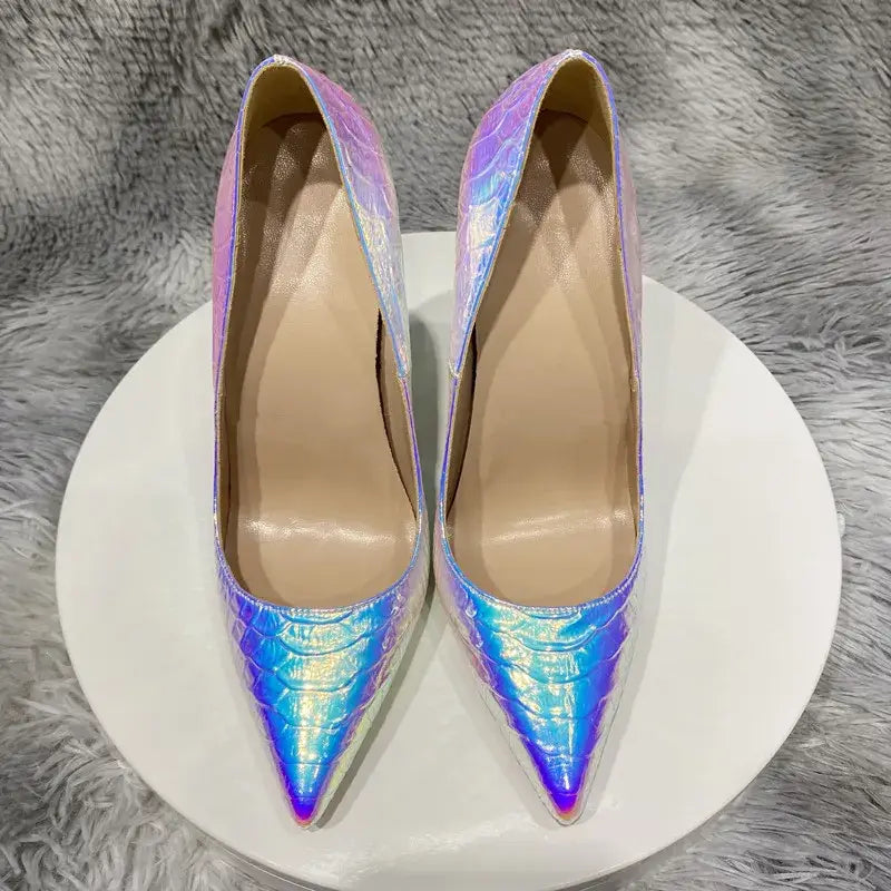 Iridescent holographic stiletto heels with a silver crocodile effect for stylish womens pointy toe.