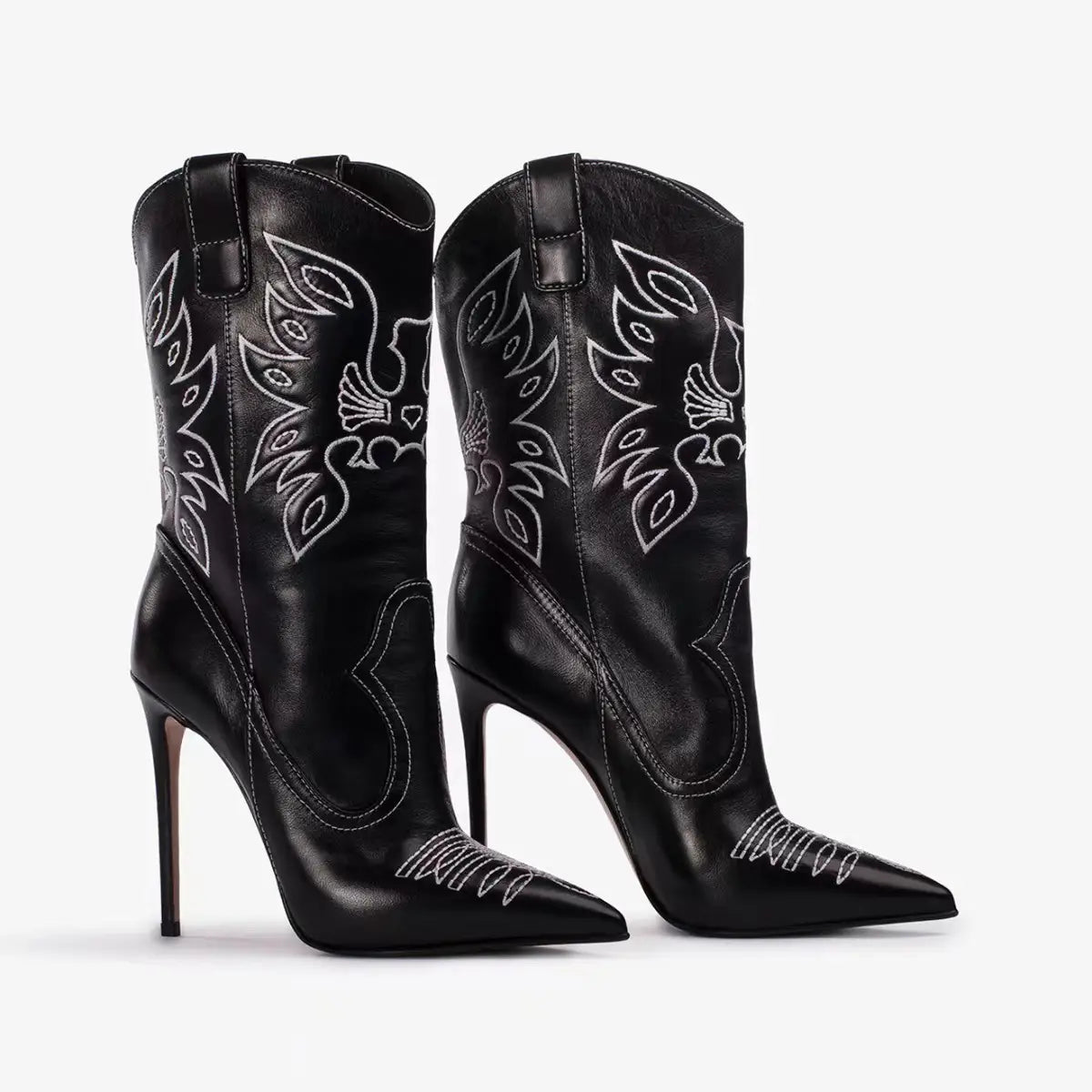 Schwarze Leder Damen Western Cowboy Stil High Heel Stiefel mit weißer Blumenstickerei