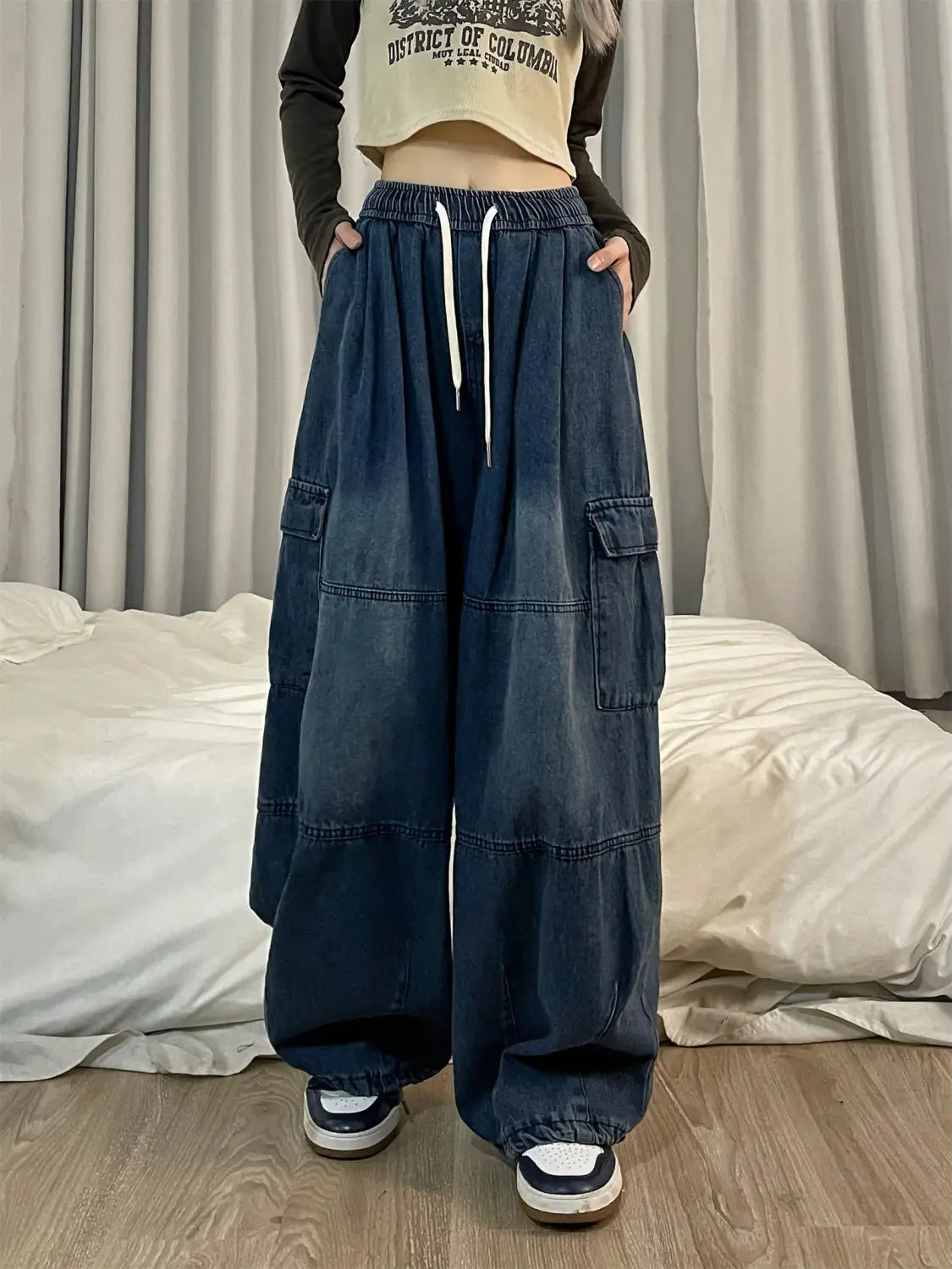 Womens Vintage Blue Oversized Cargo Streetwear Retro Wide