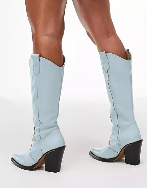 Unisex Knee High Cowboy Boots With Wedge Heels and Pointed