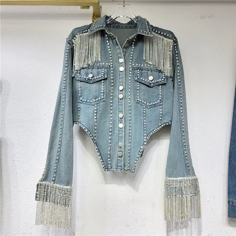 Veste en denim épais à chaîne en diamant pour femmes, design de niche