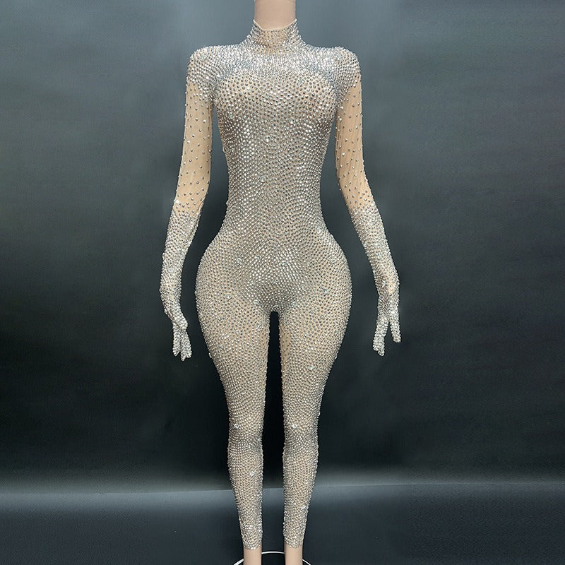 Round neck long sleeved skin tight Rhinestone jumpsuit with gloves - Pleasures and Sins   Pleasures and Sins