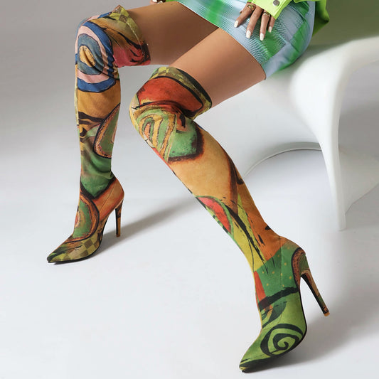 Plus Size Art Graffiti Over Knee Boots Pointed Toe Ultra-High Heel Boots Pleasures and Sins.