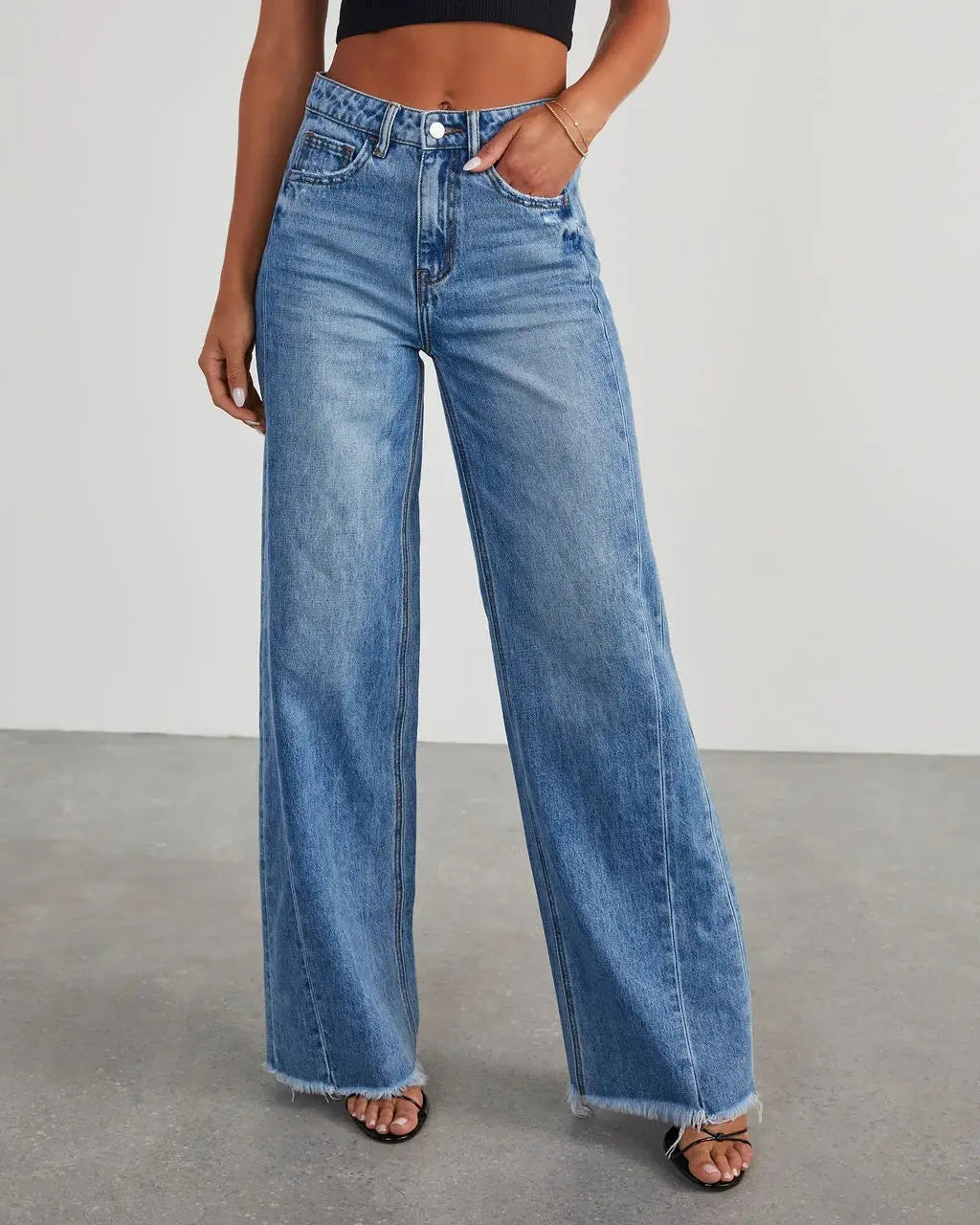 Ladies Loose Wide Leg Brushed Hem Denim Jeans for Comfy