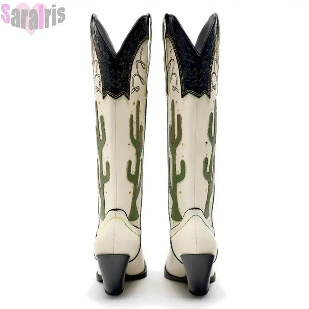 Western Cowboy Mid Calf Frauen Chunky High Heels Kaktus